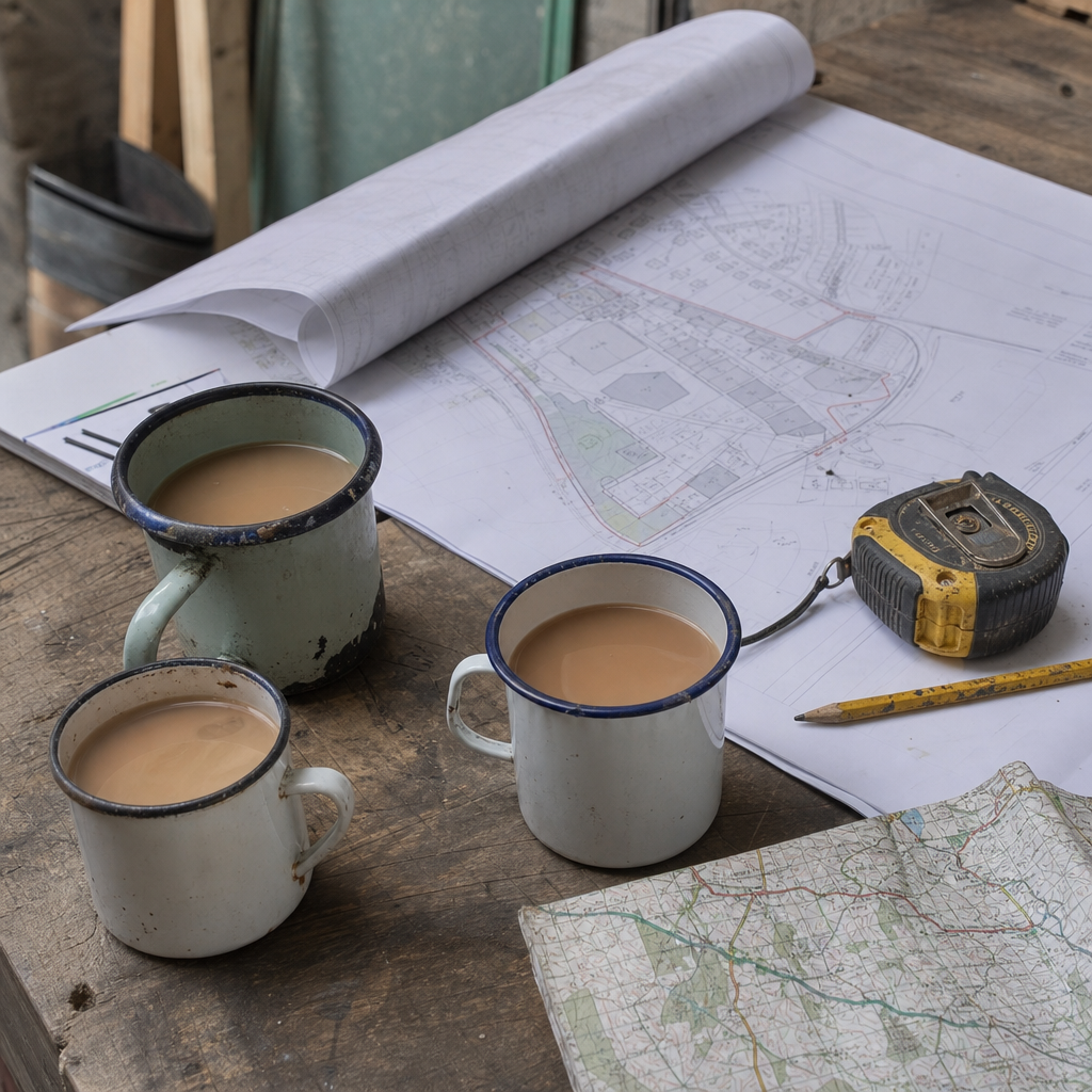 Site plans and tea mugs on a workbench