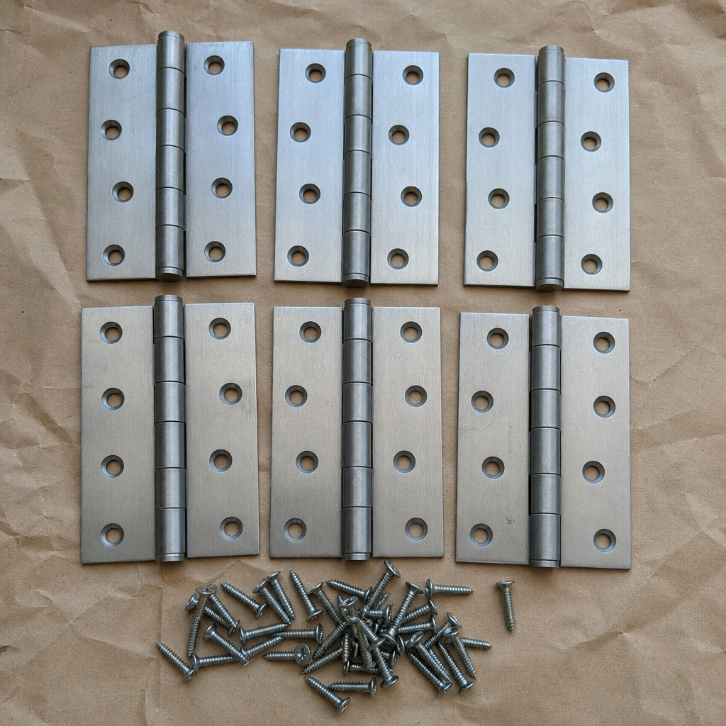 Steel butt hinges, 100mm, satin chrome, pack of 6